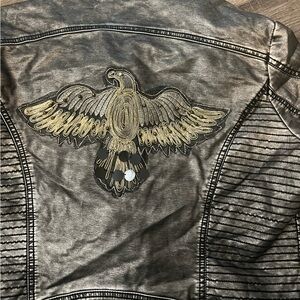Sheryl Crow moto metallic look faux leather jacket with eagle sz L